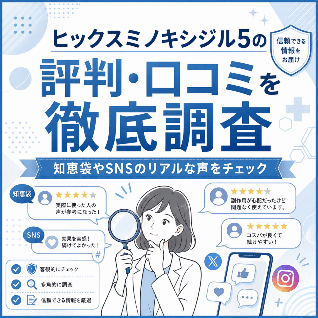 ヒックスミノキシジル5の評判・口コミを徹底調査するインフォグラフィック。女性が虫眼鏡で検証するイラストとSNSアイコン付き。